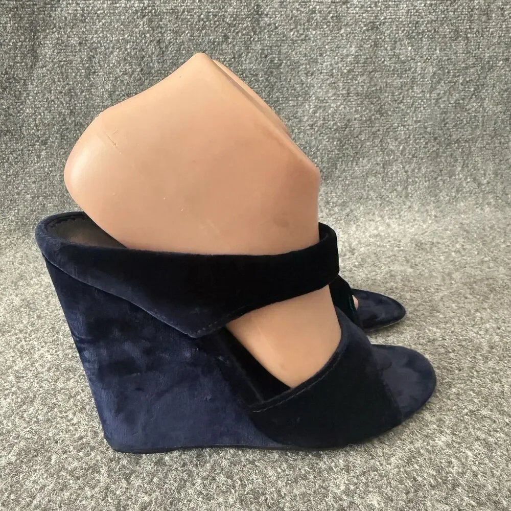 VTG Prada Navy Blue Velvet Wedge Slide Open Toe Mules Sandals Italy 39 Romantic